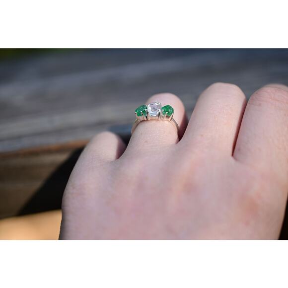 Natural Emerald and Herkimer Diamond Ring, Raw Stone Ring, Unique Engagement - Picture 6 of 10